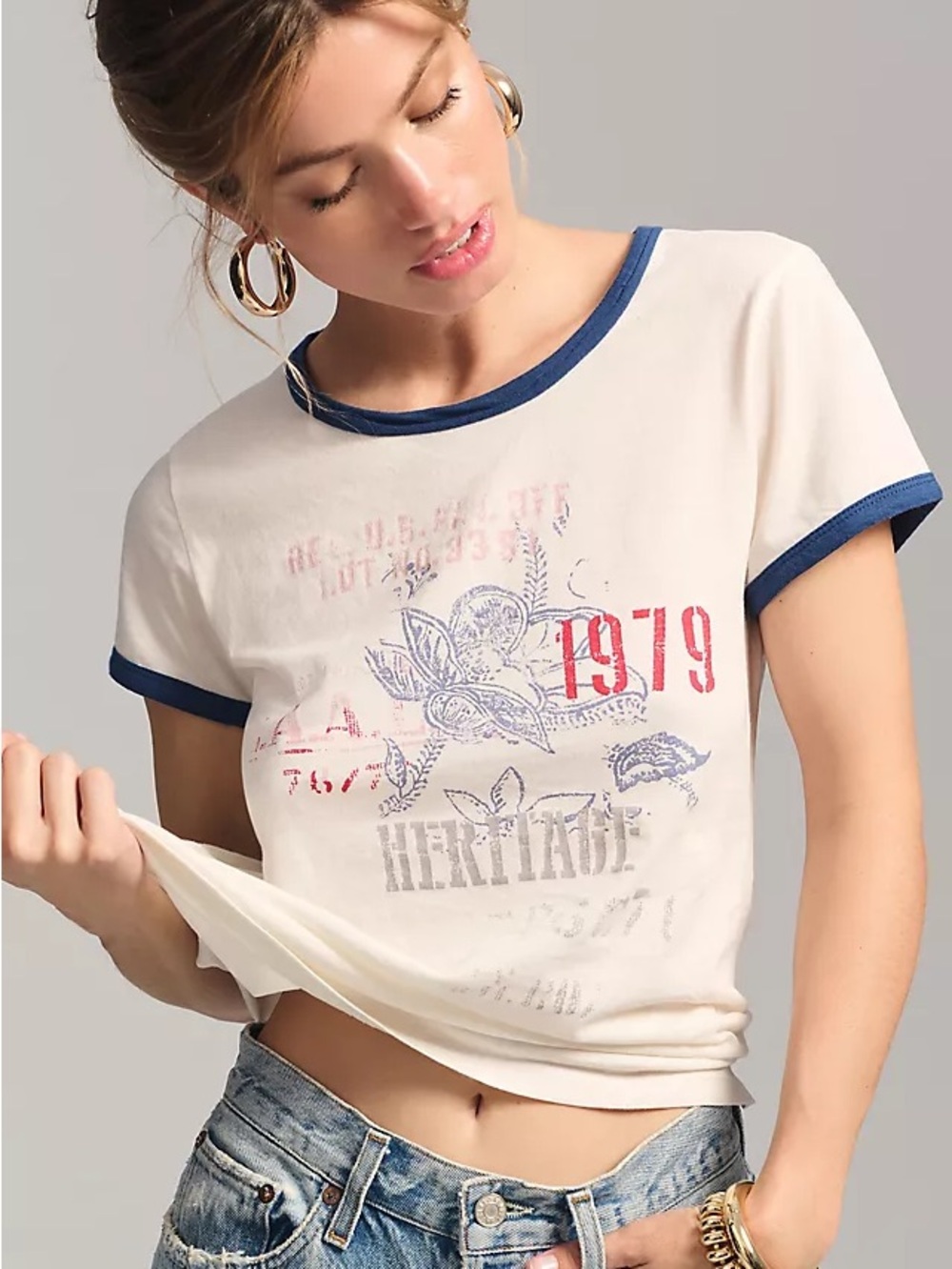 Nwot Heritage slim ringer Tee - Cream with Navy Trim